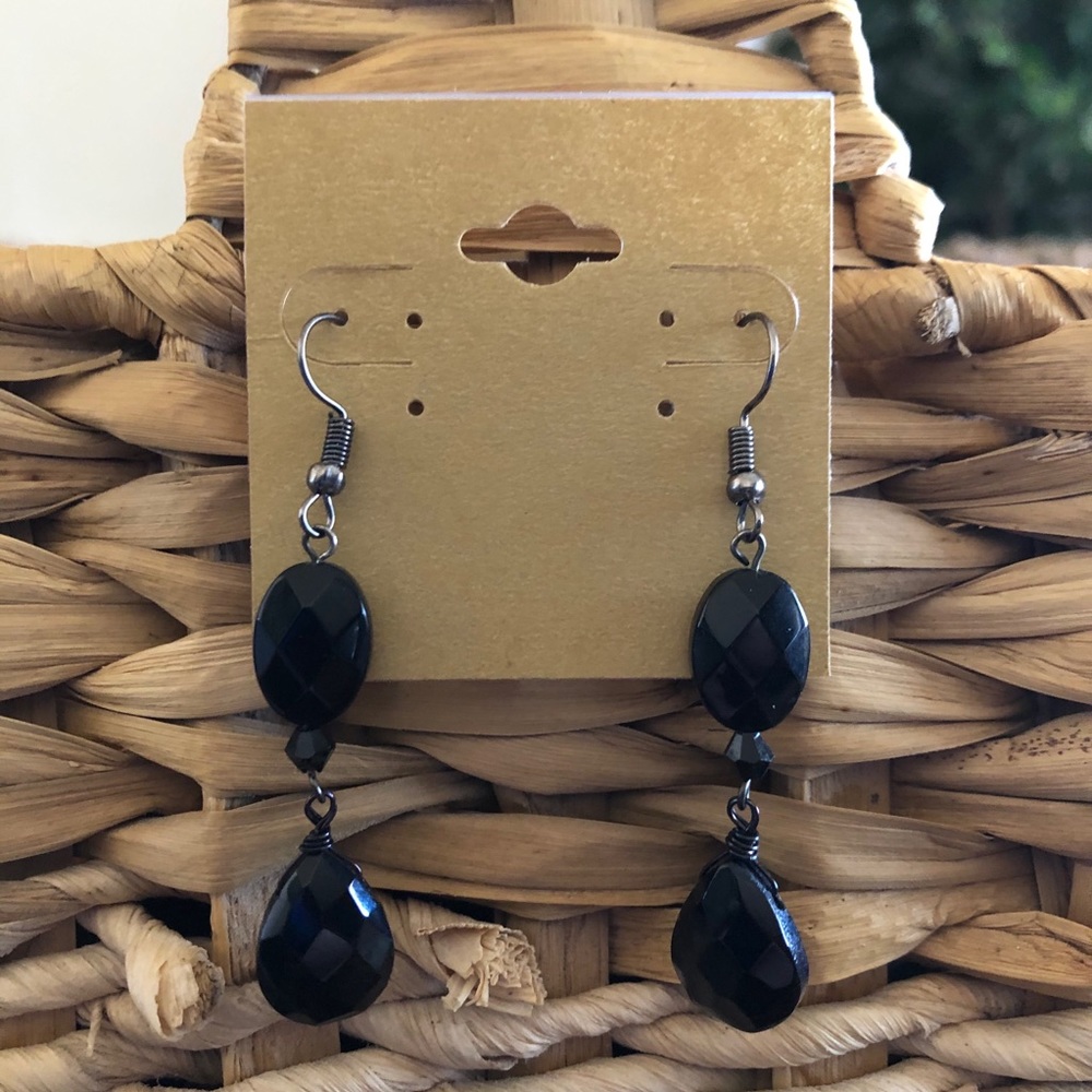 Vintage repurpose faceted black glass earrings